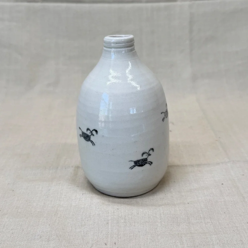 Mini Pottery Bottle Vase Blue White Ceramic Vessel Primitive Country Shelf Decor